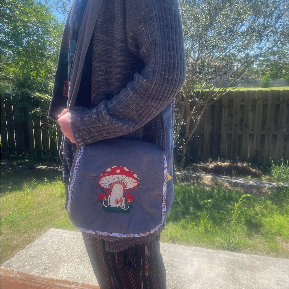 Gray Corduroy Mushroom Embroidered Messenger Bag